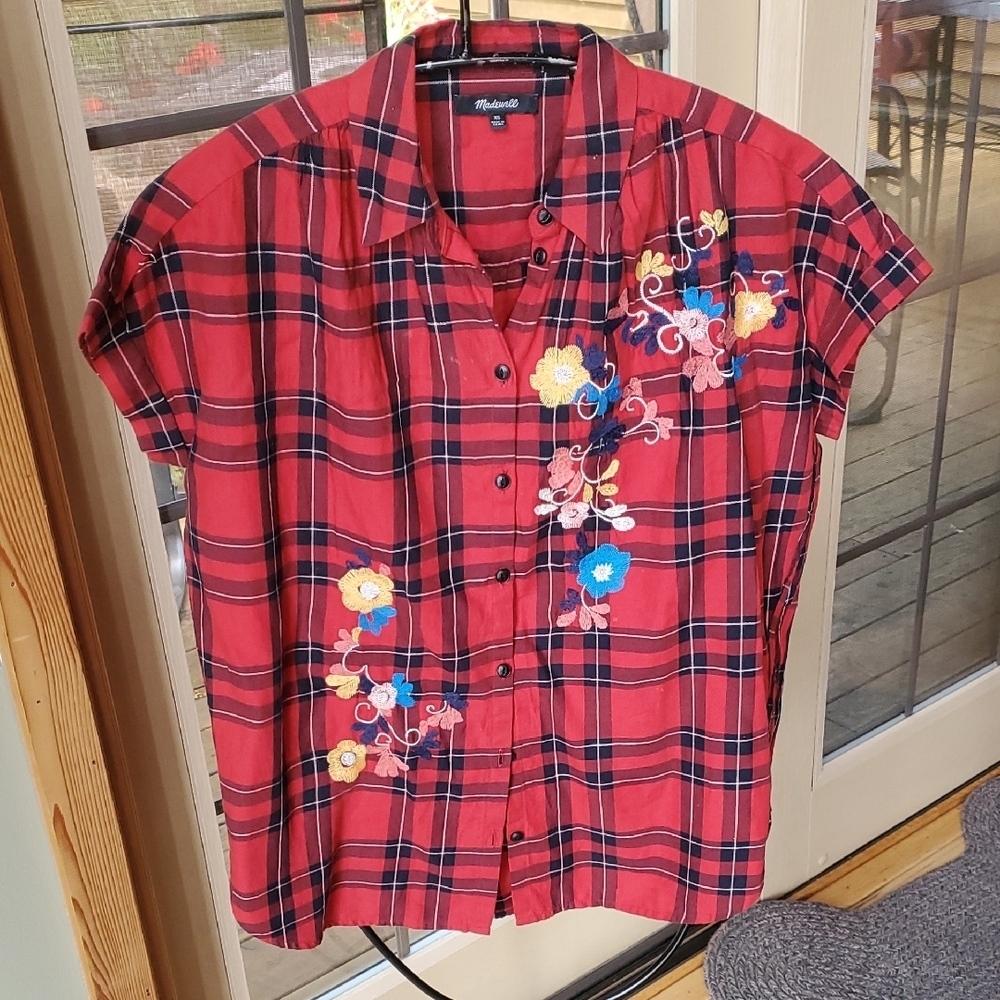 Madewell Central Dahl Red and Black Plaid Floral Button Down Sz. XS Shirt